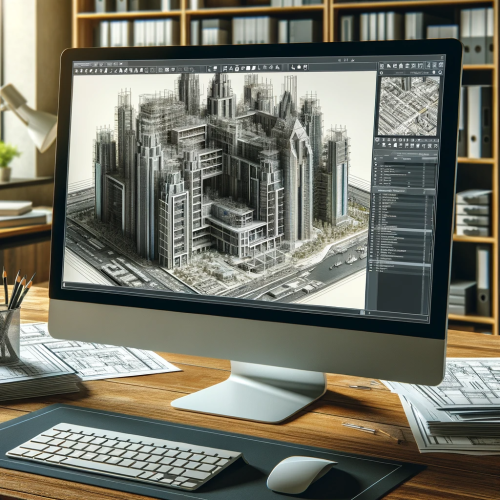 DALL·E 2023-11-14 22.18.32 - Photorealistic image of a computer screen displaying a detailed 3D architectural model created using Building Information Modeling (BIM) software. The